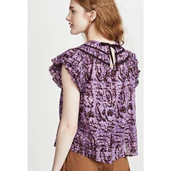 ULLA JOHNSON Amai Blouse Purple Batik Top Size 2 Small Flutter Sleeve Boxy - Picture 5 of 15